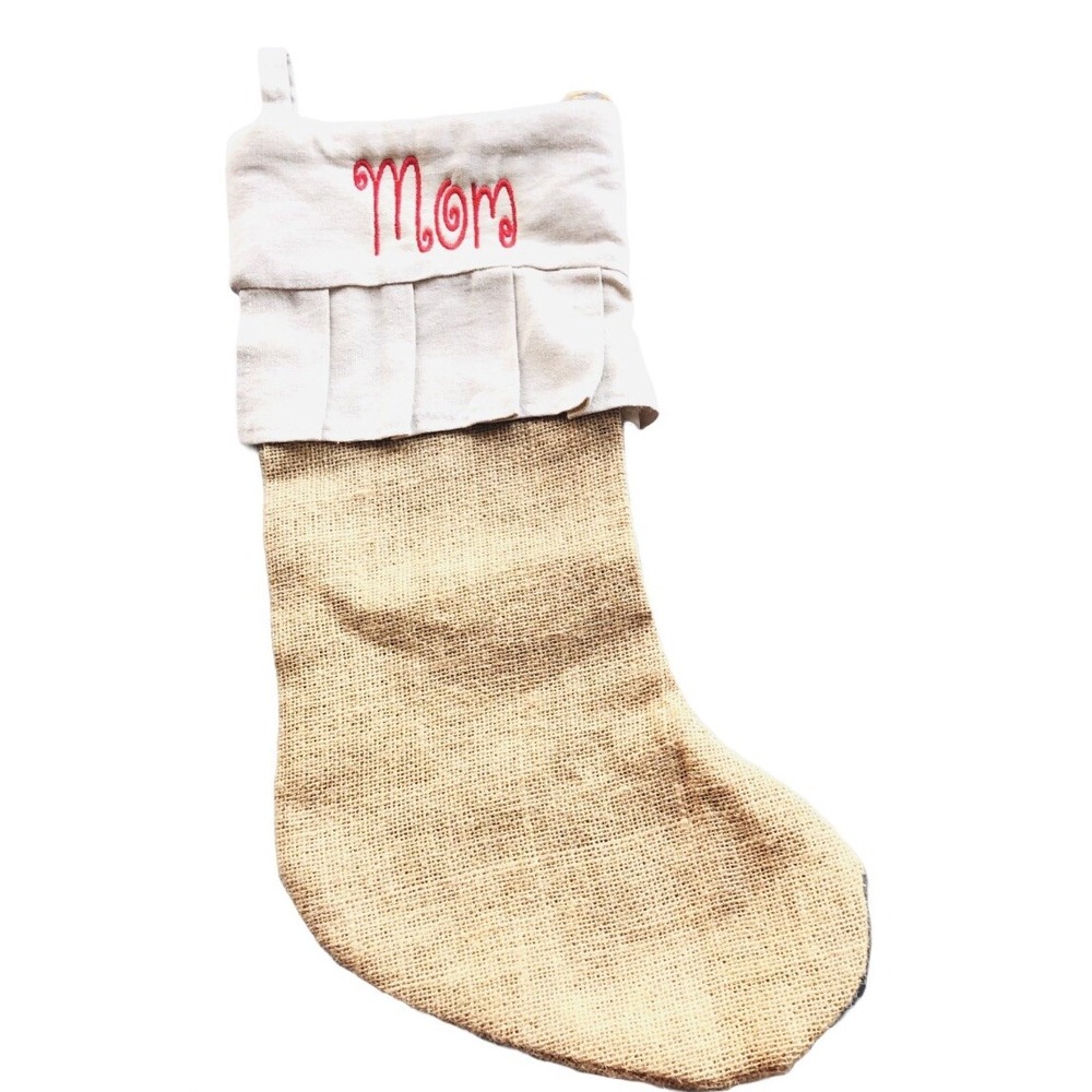 Christmas MOM 20" Stocking Ruffled Design Jute Burlap Brown Fireplace Embroider